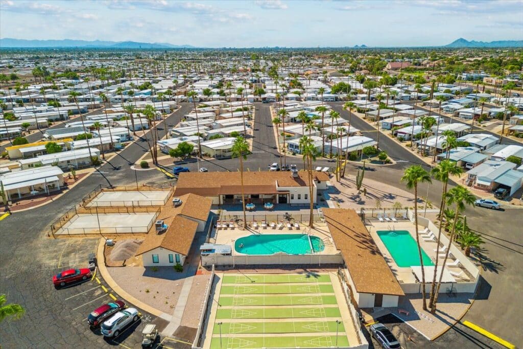 Aerial view of Citrus Gardens manufactured homes community in Meza, Arizona