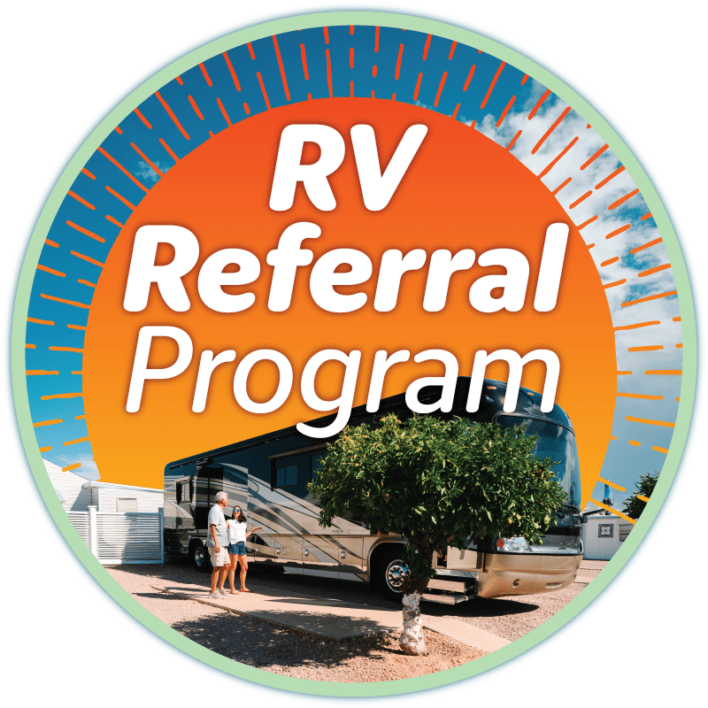 Citrus Gardens RV referral program ad card in Mesa, AZ